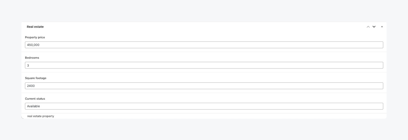 WordPress custom fields for a real estate property showing input fields for Property price, Bedrooms, Square footage, and Current status in the post editor.