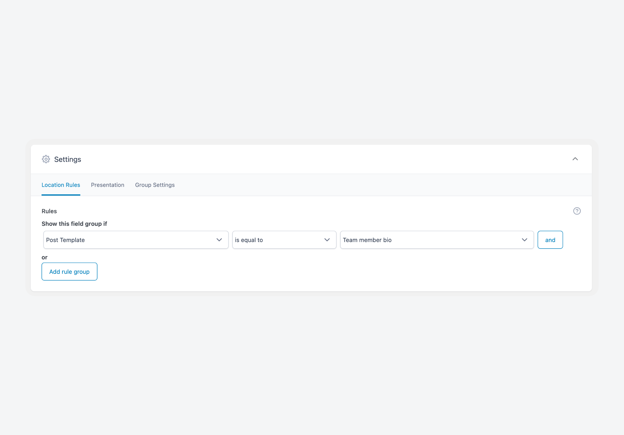 ACF field group location rules for a template