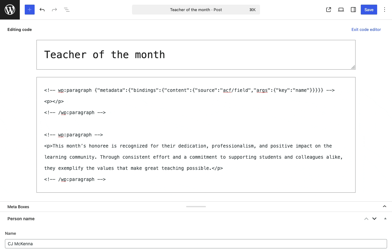 The bound block displays placeholder text in the editor and the field value on the frontend when published.