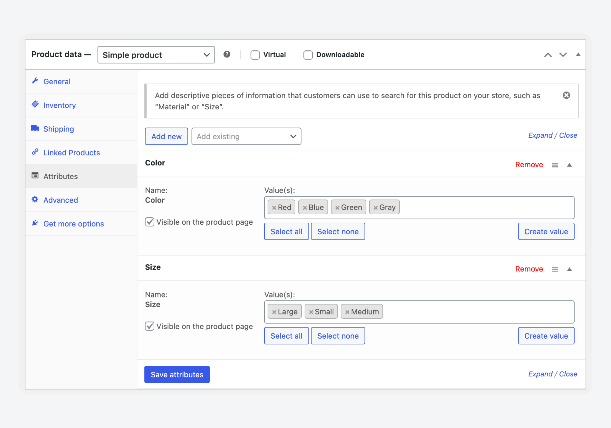 WooCommerce attributes on the backend.