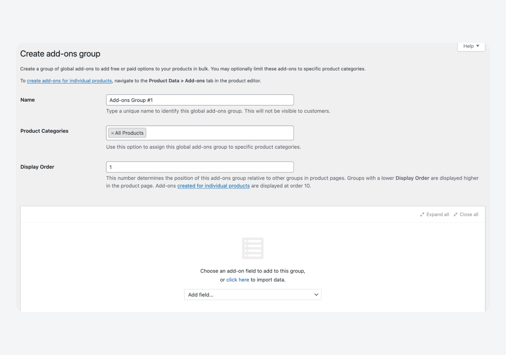 Product Add-Ons for WooCommerce global add-on dashboard