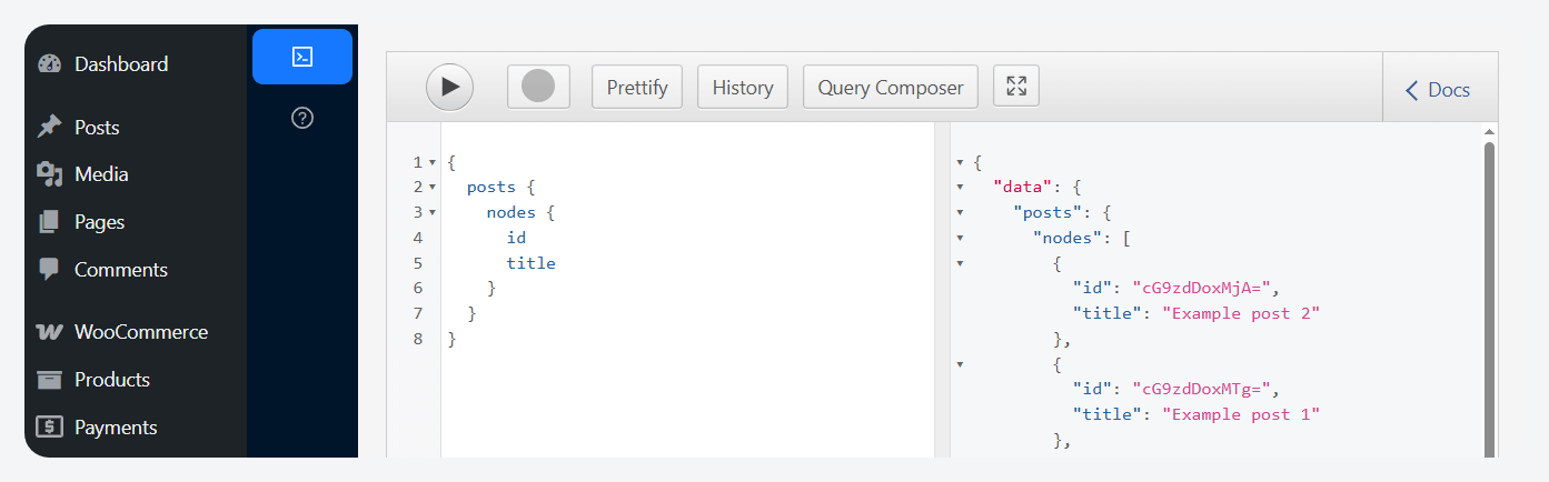 Running a simple query in the GraphiQL IDE.