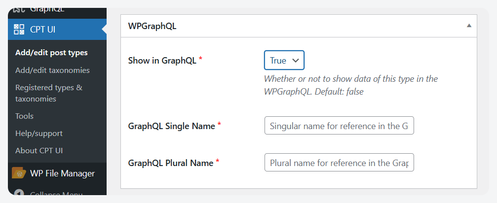 The WPGraphQL settings in the CPT UI plugin.