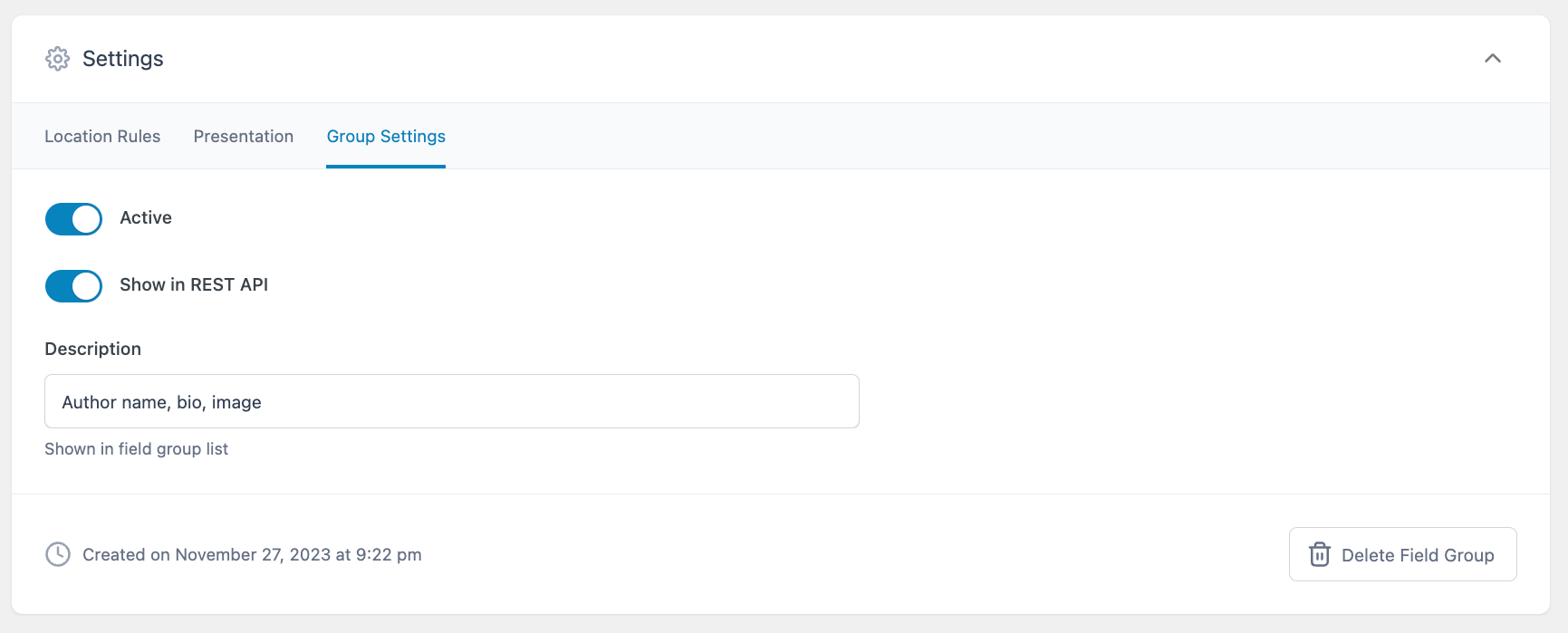Group settings tab in ACF Settings