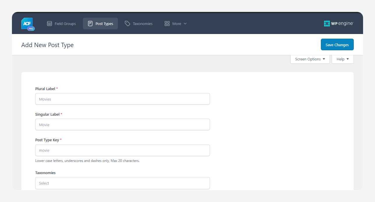 Adding a new post type in ACF.
