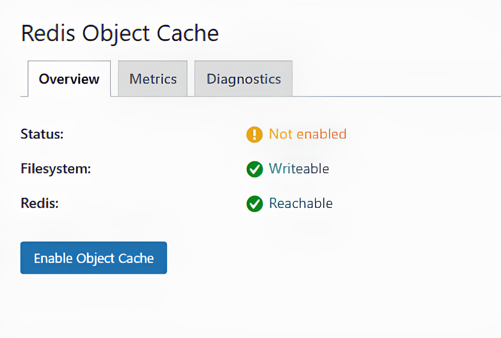 Enabling Redis Object Cache from the WordPress®dashboard.