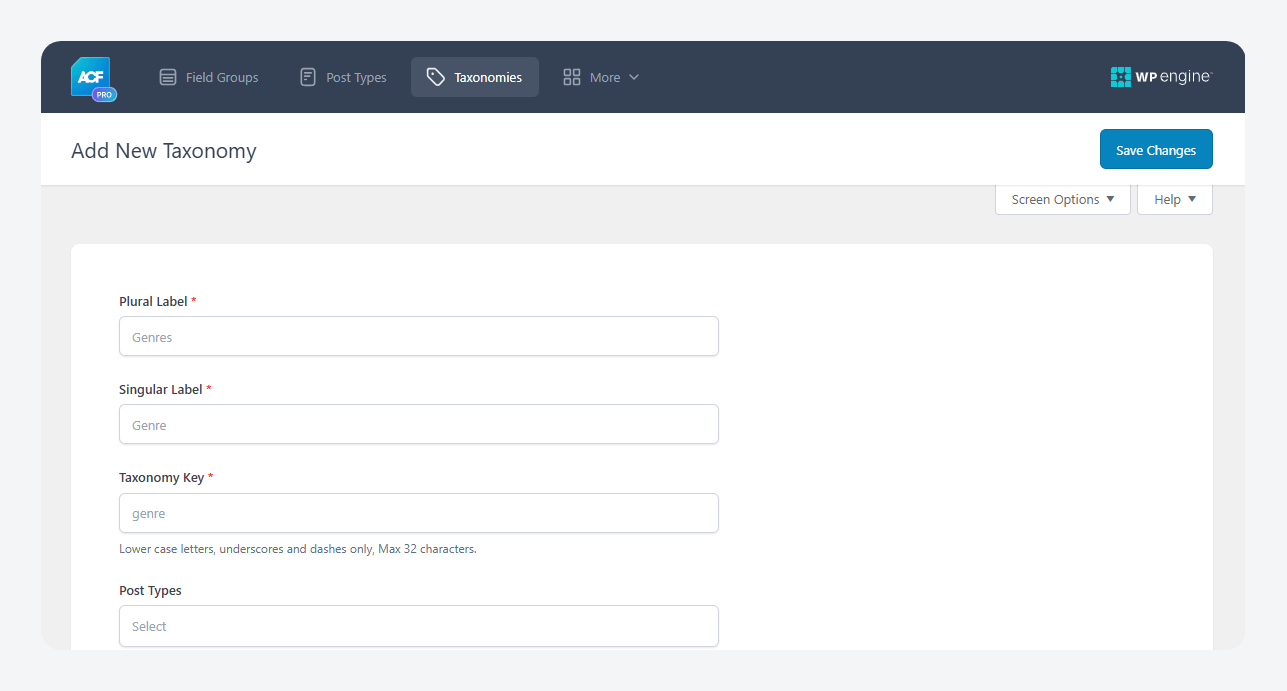 Adding a new taxonomy in ACF.
