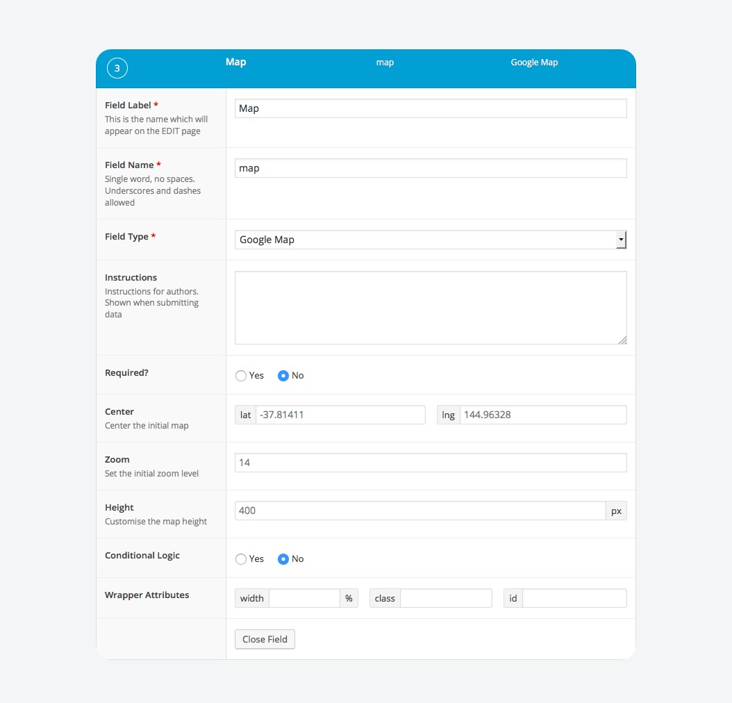 Google Maps field settings in ACF.