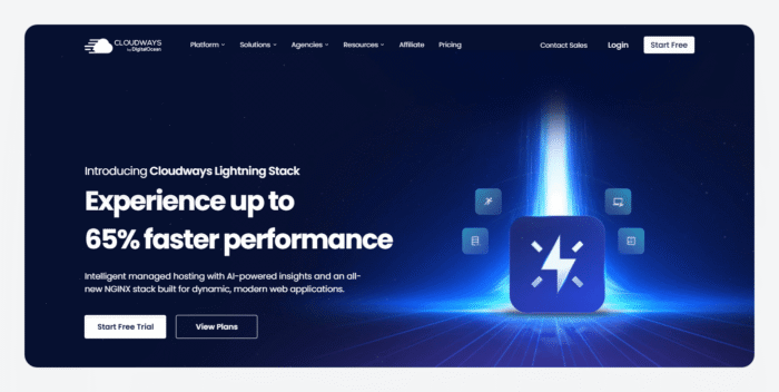 Cloudways’s homepage.