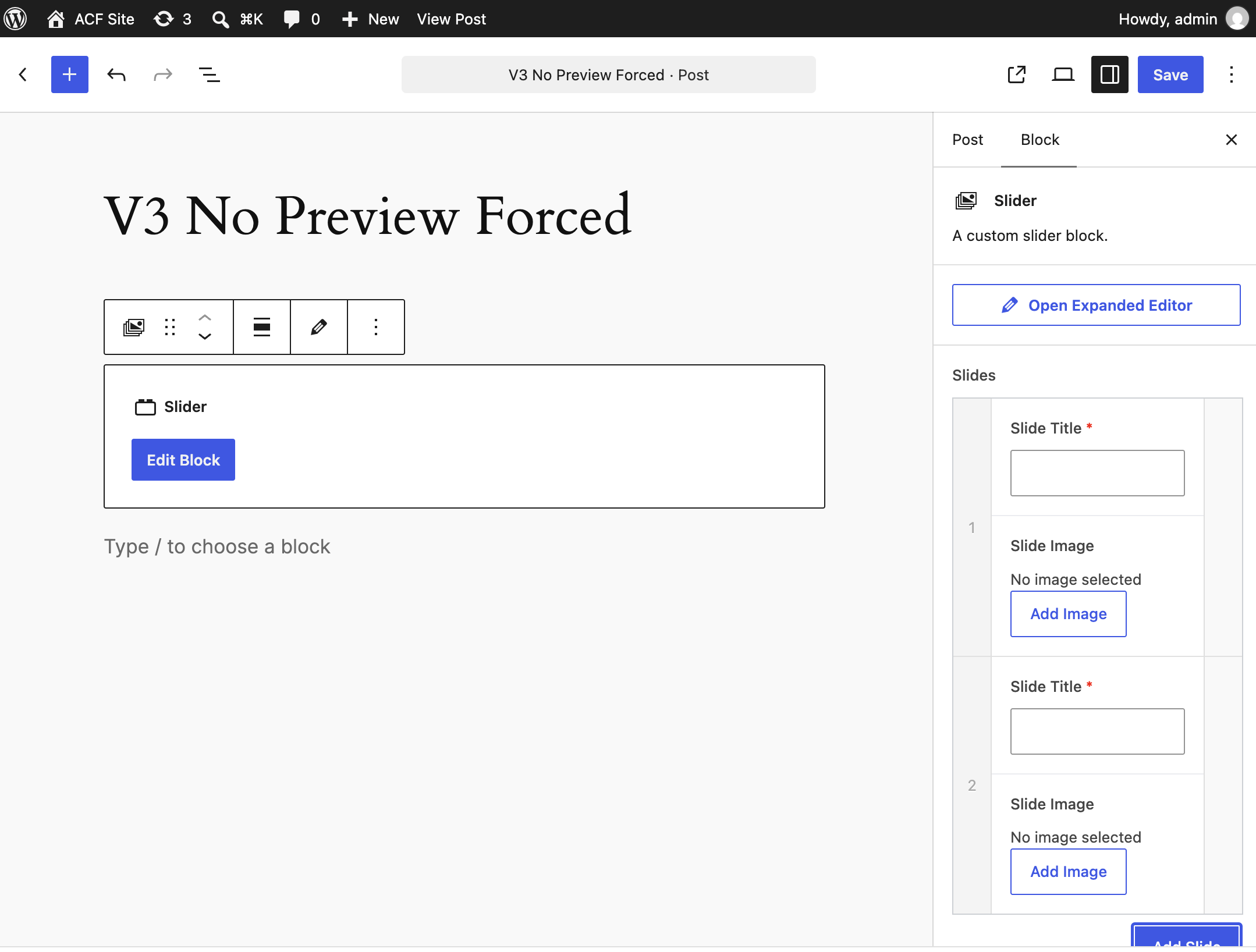 ACF Block no render template block preview